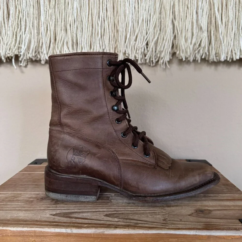 Raywelt Brown Leather Square Toe Fringe Roper Lace Up Ankle Boot Size  7.5 - Picture 8 of 17